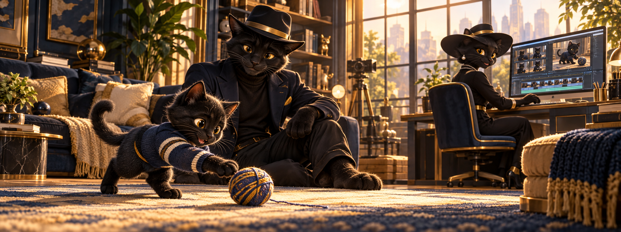 Six-year-old NovaCat plays with a ball of yarn as PapaCat watches nearby and MamaCat edits videos at her desk
