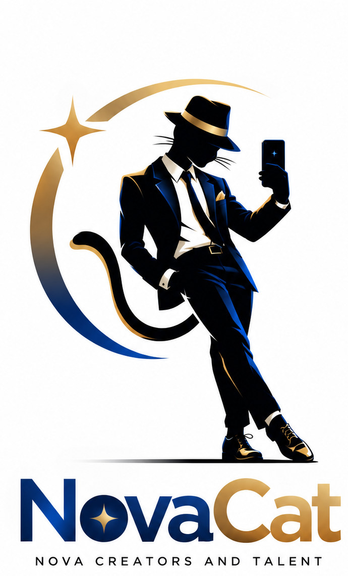 Official NovaCat feline selfie silhouette, wordmark, and tagline